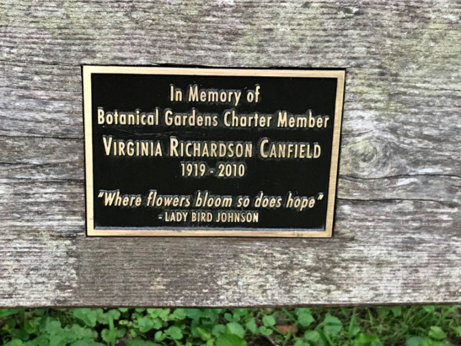 Photo Bench plaque dedicating the gardens to Virginia Richardson Canfield.